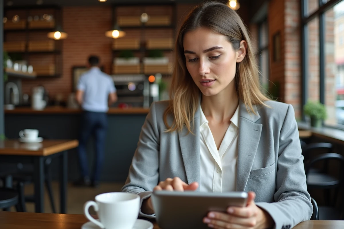 Femme consultant ses performances d'investissement Bitcoin sur tablette dans un café moderne
