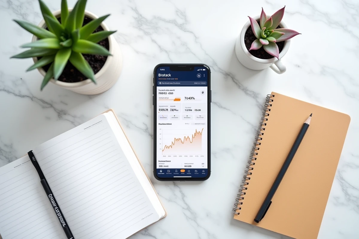 Vue aérienne d'un smartphone affichant un tableau de bord de rendement Bitstack posé sur un bureau en marbre avec un carnet de notes financières