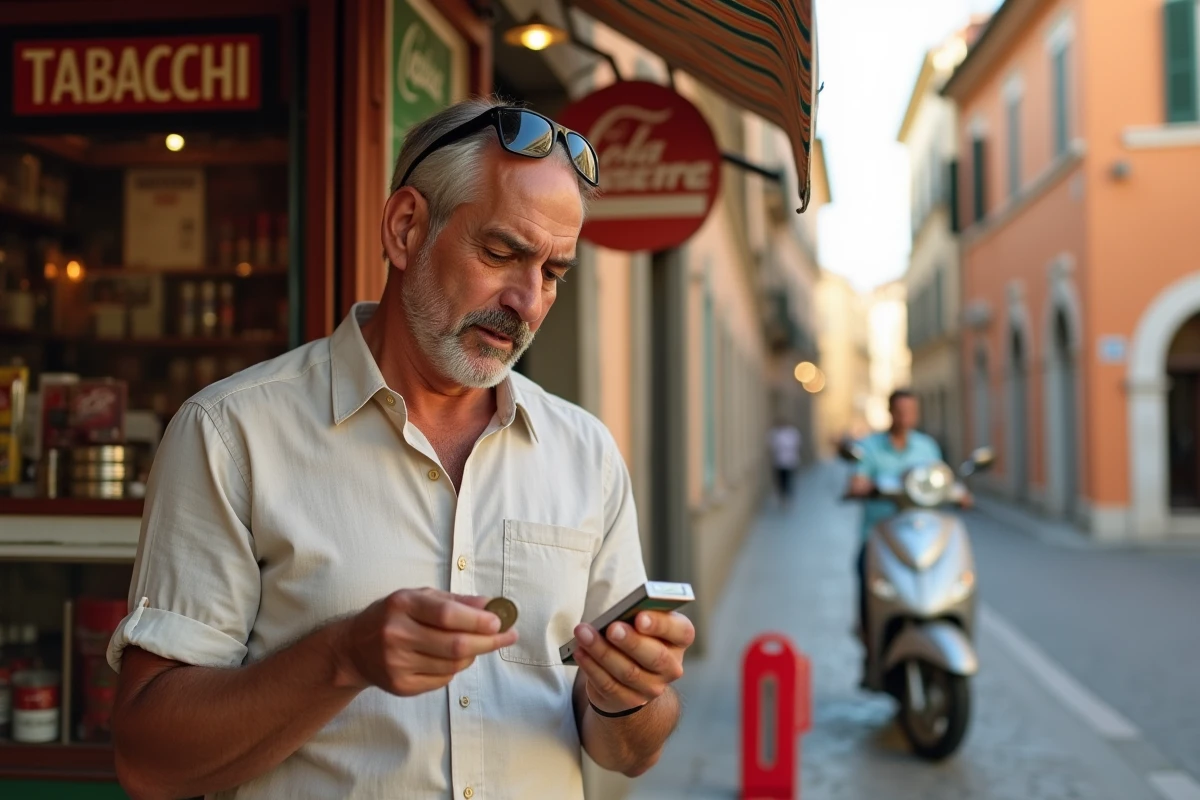 Touriste français examinant le prix d'un paquet de cigarettes à un tabac italien en vacances