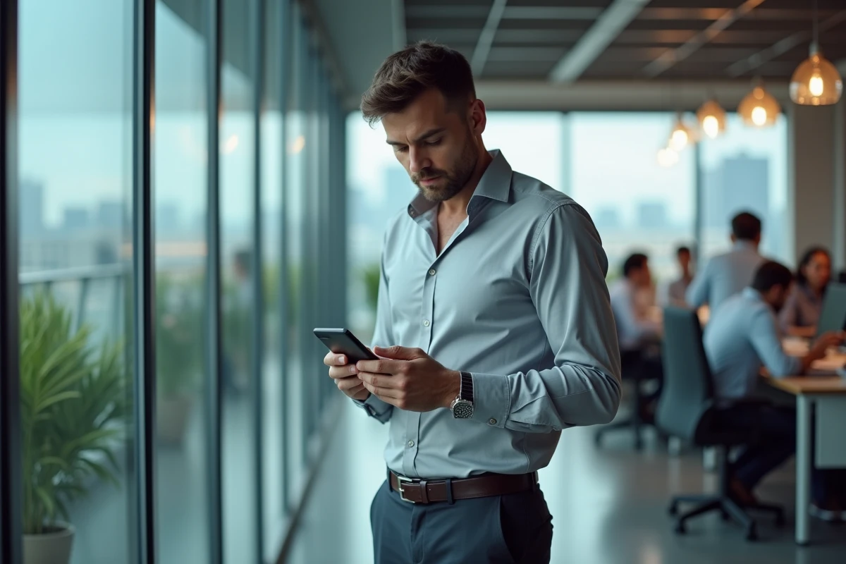 Homme d'affaires validant un code de double authentification sur son téléphone portable dans un bureau moderne