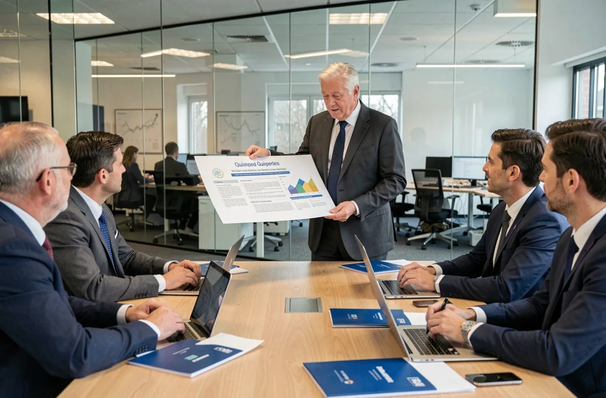 Courtier Verlingue présentant des solutions d'assurance d'entreprise dans une salle de réunion à Quimper