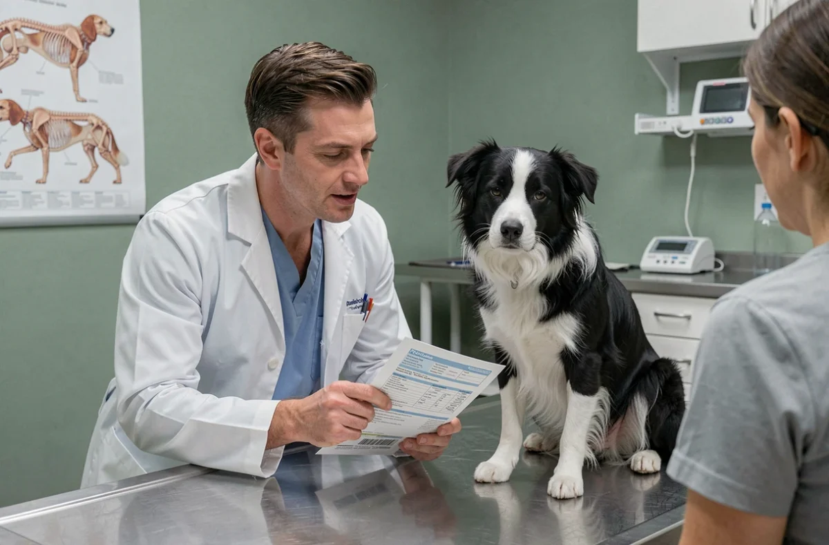 Vétérinaire expliquant un contrat d'assurance chien sans carence à une clinique vétérinaire avec un border collie