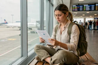 Voyageuse routarde lisant son contrat d'assurance voyage dans un aéroport avant le départ