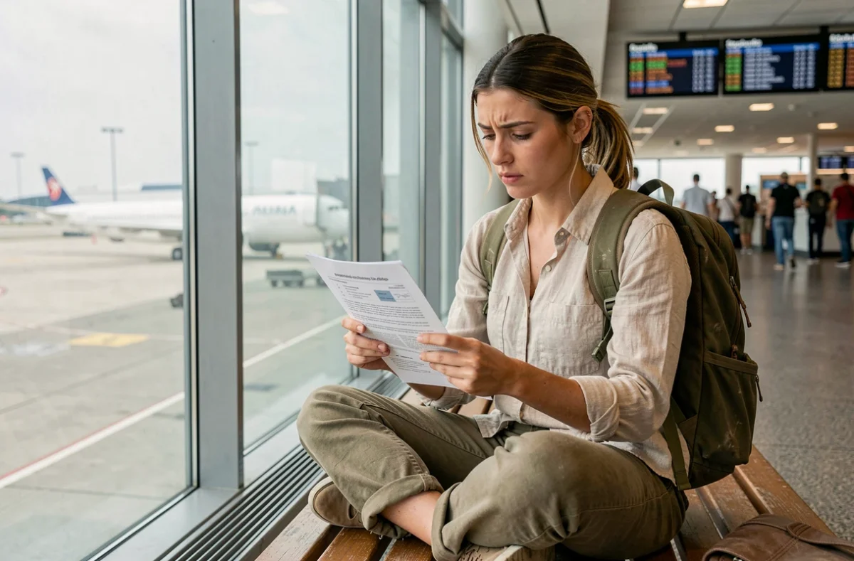 Voyageuse routarde lisant son contrat d'assurance voyage dans un aéroport avant le départ