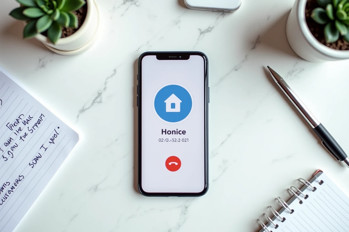 Vue aérienne d'un smartphone affichant un appel en attente avec le service Boursorama sur un bureau en marbre