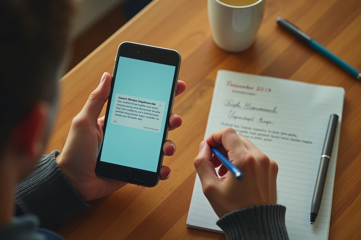 Vue de dessus d'un smartphone affichant une erreur d'application bancaire posé sur une table en bois avec un bloc-notes de dépannage